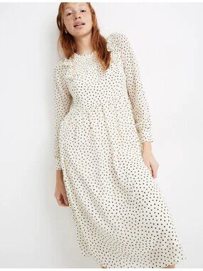Madewell Smocked Ruffle Shoulder Midi Dress in the Inkbrush Dots | Size SP